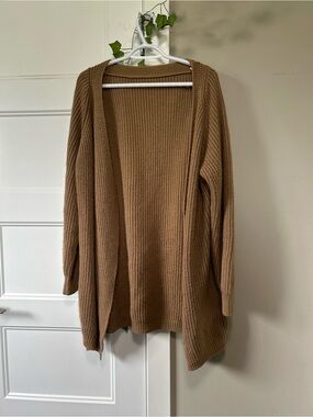 SHEIN Open-Front Ribbed Cardigan in Camel